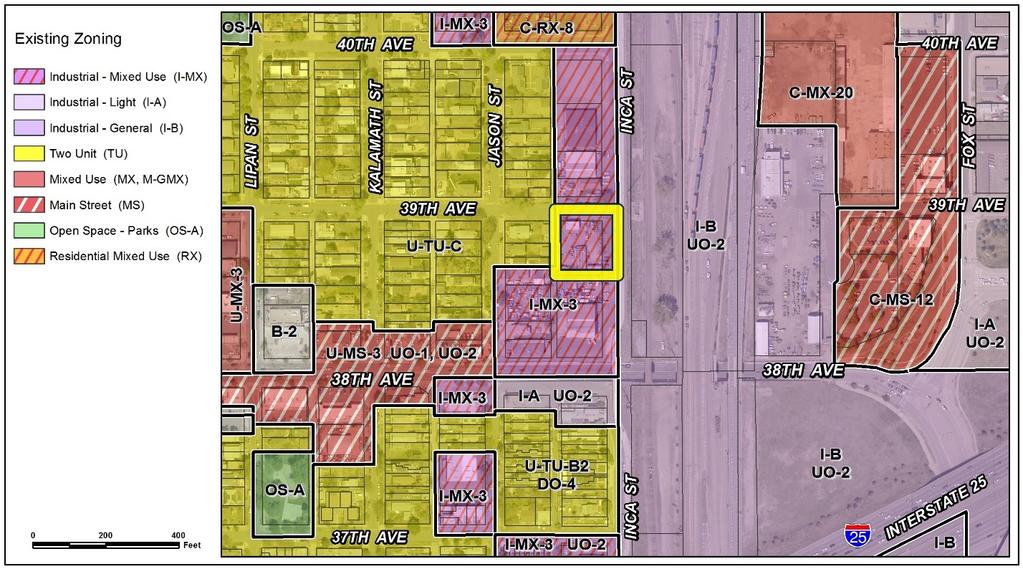 Page 4 Existing Zoning Existing Land Use Existing Building Form/Scale South I-MX-3 Auto repair 2-story shopfront East West I-B UO-2 U-TU-C G Line, B Line, and freight rail corridor Single-Unit