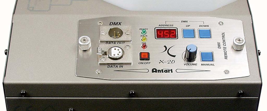 Remote Control Operation 5 6 7 8 9 10 11 Fig. 2 5) DMX Thru 6) Up 7) Down 8) DMX IN 9) ON / OFF 10) Volume output 11) Manual button The X-20 is a remote control, with DMX control.