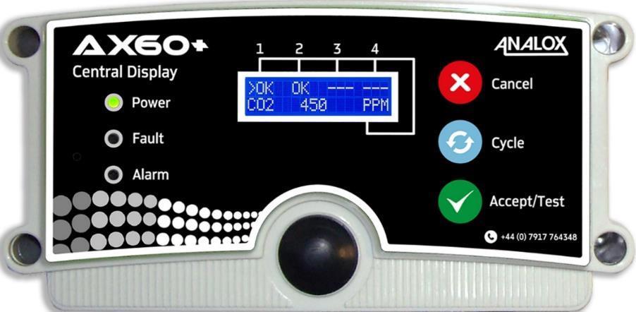 6 Operation 6.1 Central Display The Ax60+ Central Display supplies power to the Sensors, Alarms and beacon, and is used to configure all system functions.