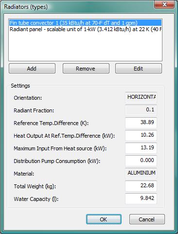 Figure 4-3: Radiator types dialog with pre-defined illustrative set of