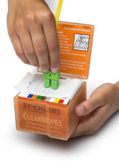 Highly-visible plastic outer box keeps wipes clean and dry. Slots accept LC and SC duplex. B.