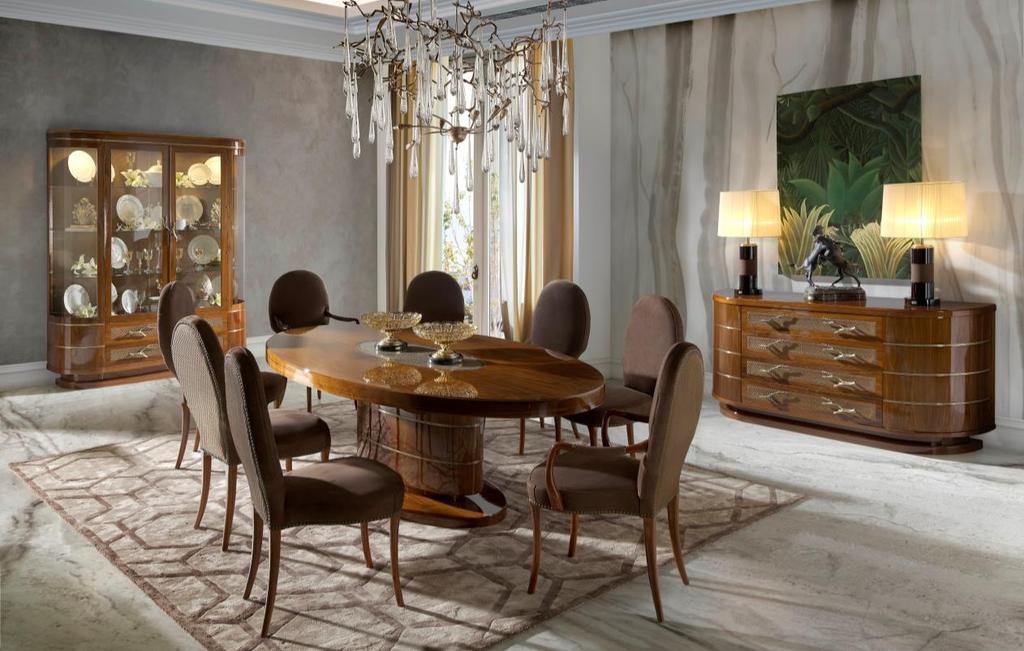 Featuring a refined, curved design, the dining set stands out for its charming appeal