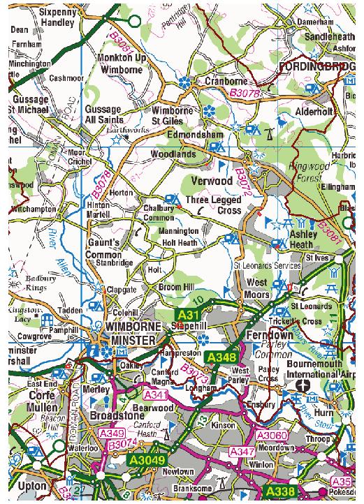 Location of sites in East Dorset Chipping Depot Woodlands Twin Acorn Keith Acres Oakley Farm 51 Wayside Road Uddens (Cannon Hill) Plantation County Farm, Candy s Lane Site off Pompey s Lane This map