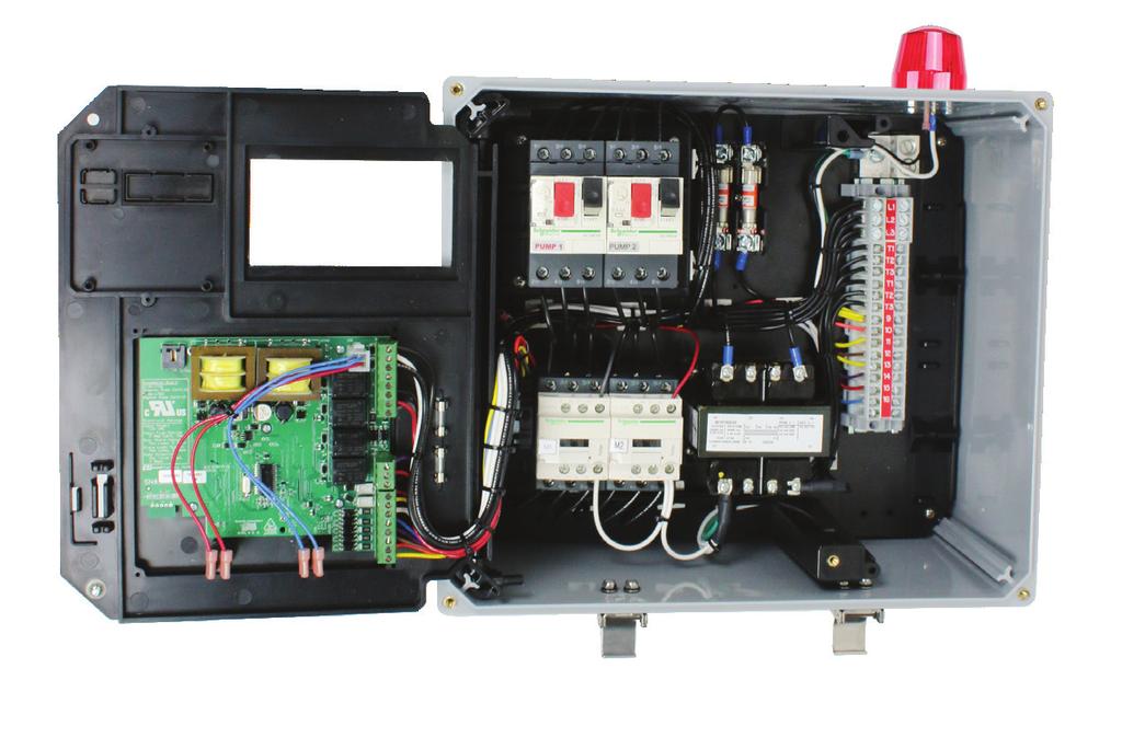 The protective inner door features panel operating status indicators, control buttons and provides access to the pump and control circuit breakers.