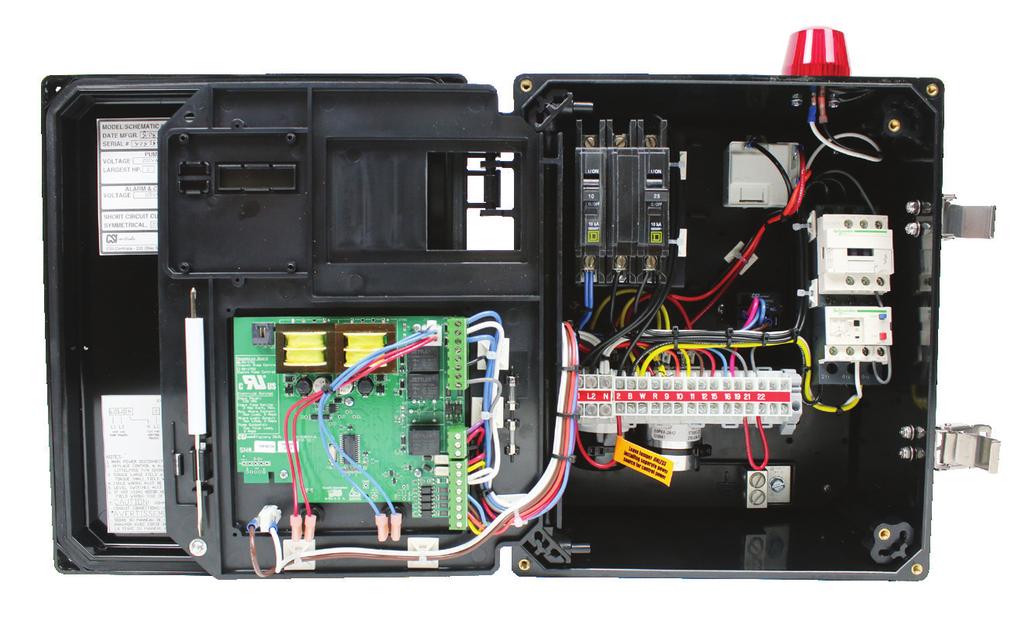 The protective inner door features panel operating status indicators, control buttons and provides access to the pump and control circuit breakers. FEATURES 5 US Patent No.