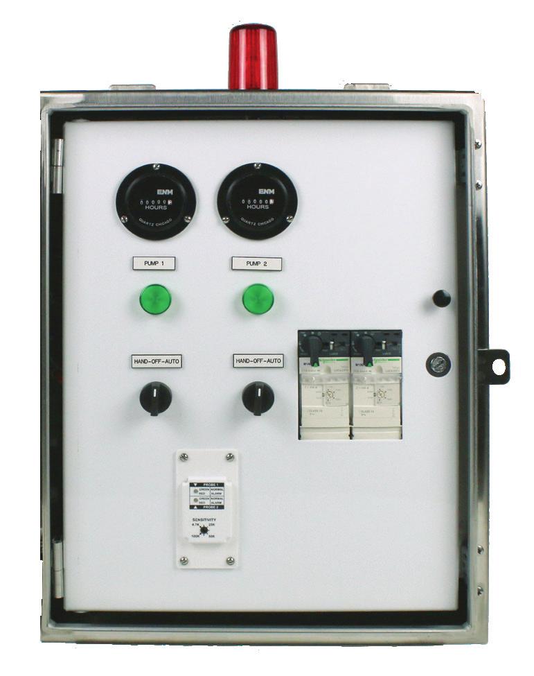 If a high water alarm condition occurs, the high water alarm float activates the audible/visual alarm system along with auxiliary contacts for remote alarm.