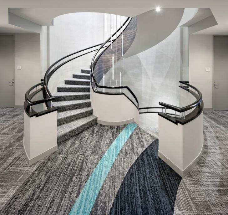stylish. An artist was commissioned to create some original pieces, including three in the lobby and one in each of the boardrooms. Meeting spaces and connectivity are a theme on all floors.