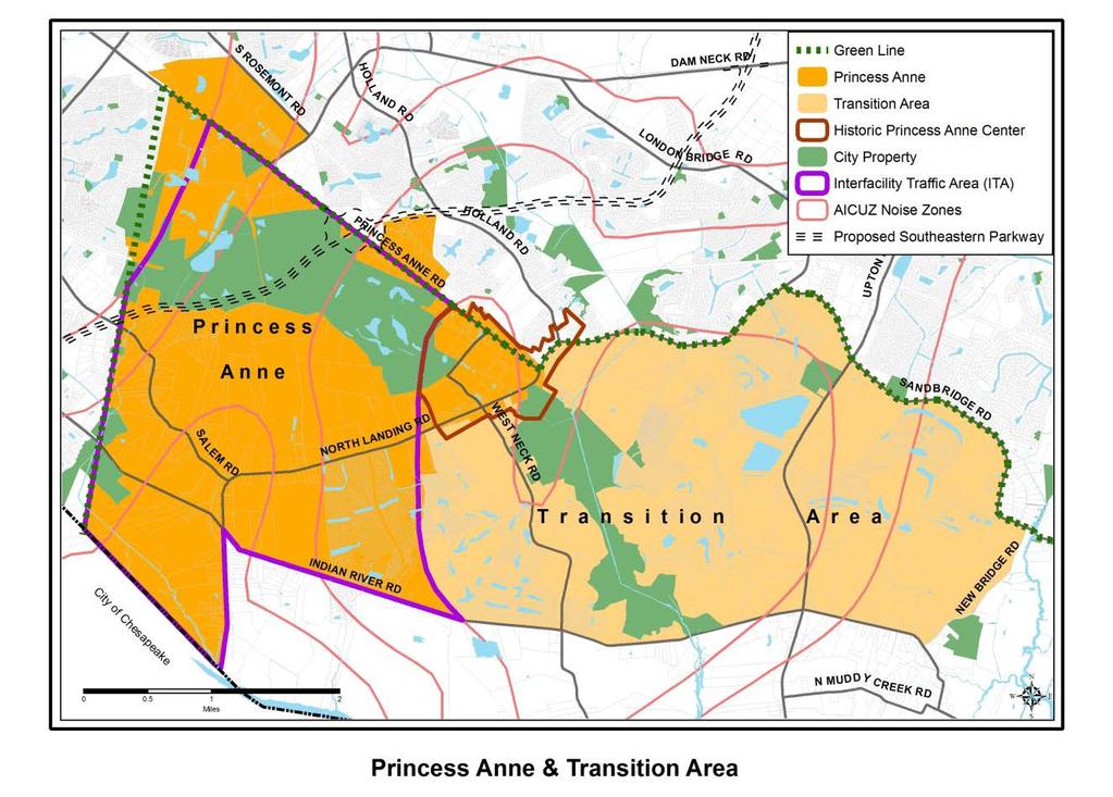 Princess Anne, shown on the next page, consists of what was, in prior Comprehensive Plans, the western portion of the Transition Area and the North Princess Anne SGA.