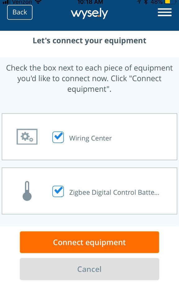 Section 4 Device Pairing & Setup with Internet Connection 2. Select the check boxes for both the Wiring Center and the Zigbee Receiver on the SALUS Smart Home application.