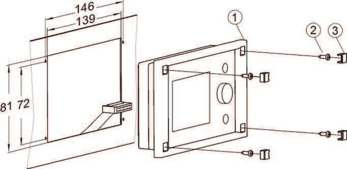 STEP 1 A hole must be made in the mounting plate, in accordance with the drawing below. Drawing 24 Fitting the regulator in a mounting plate, where: 1 control panel, 2 sheet metal screw 2.