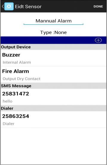 User can edit the sensor name. To select/deselect and add/delete the output alarm and alert devices, tap.