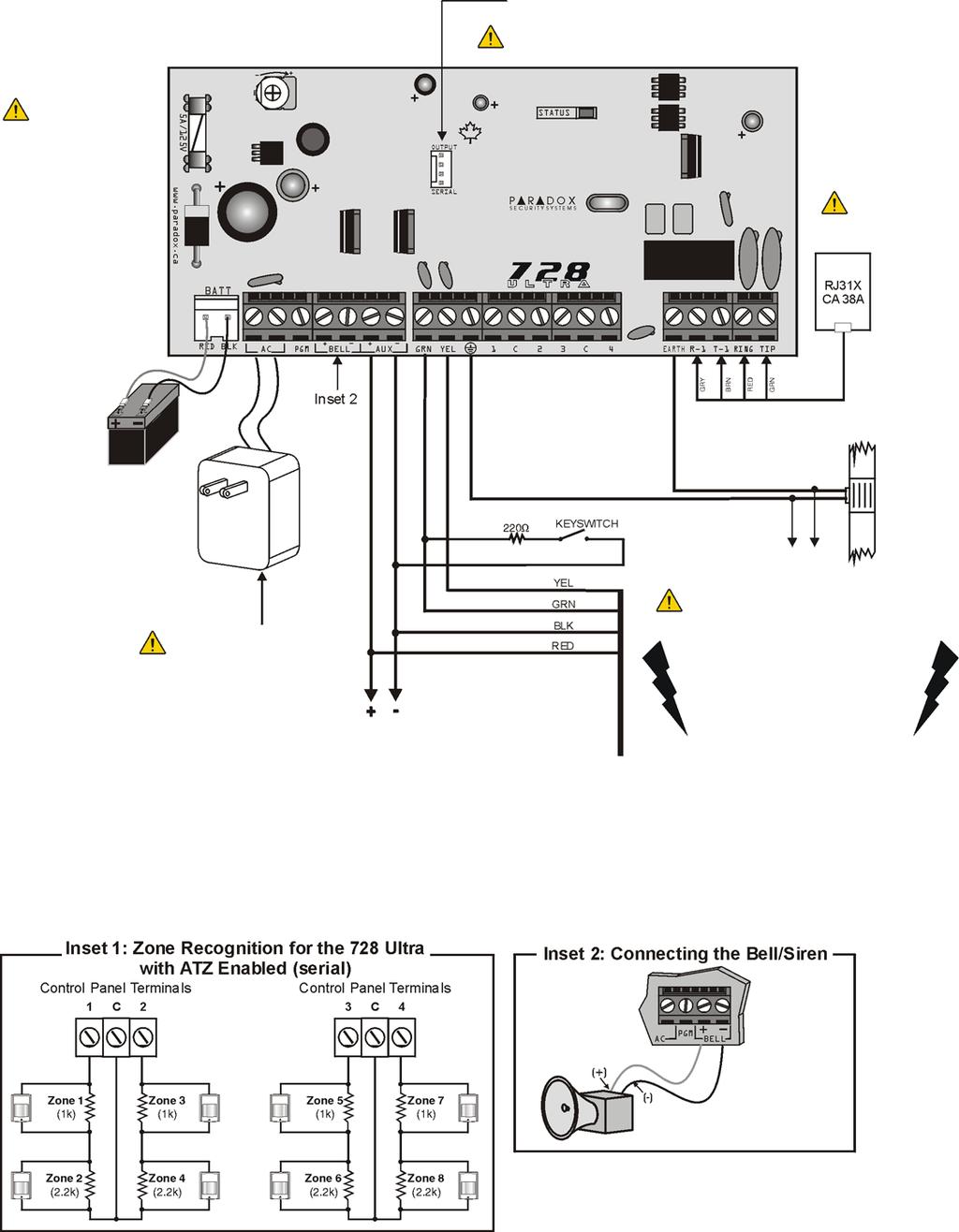 728 Ultra Wiring Diagram STATUS LED: Flash once every second = normal Toggle ON 1s / OFF 1s = trouble Always ON = panel is using phone line Fast flash 4s after power up = installer lock enabled For