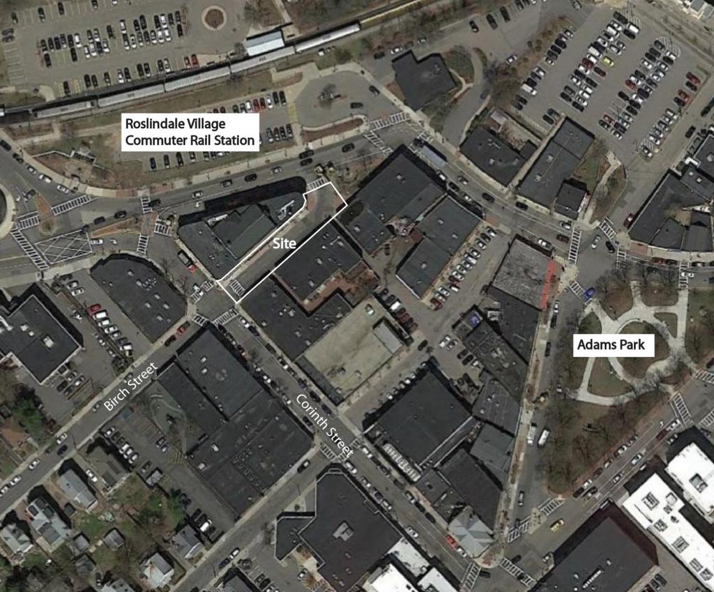 Figure 2: Aerial photo shows site for urban design proposal Stakeholders Roslindale Village Main Street, whose mission is to promote Roslindale Village as an appealing destination and a dynamic