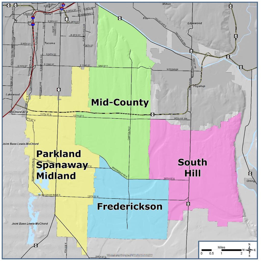 Introduction Focus Area A large portion of the Pierce County unincorporated urban growth area is located within four community plan areas: Frederickson, Mid-County, Parkland-Spanaway-Midland, and