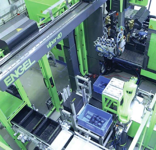 ENGEL automation Smaller footprint Opting for a tie-bar-less injection molding machine often means a smaller machine can be used. As a result, molds frequently use the whole platen surface.