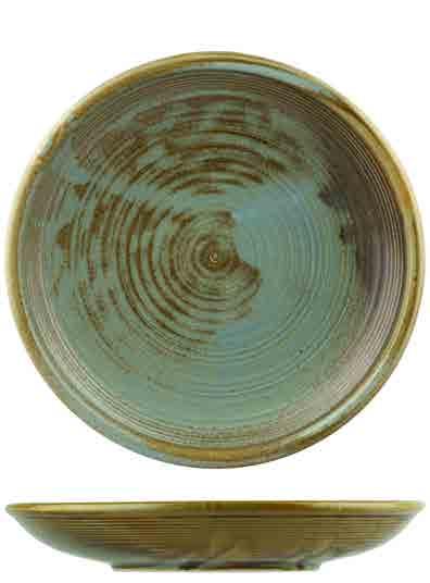 This vitrified porcelain Mediterranean style collection of platters, plates and bowls draws the eye to its reactive