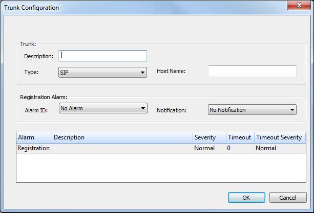 The Trunk Configuration dialog box opens. When an alarm is assigned it will appear along with its alarm definition in the table at the bottom of this dialog box.