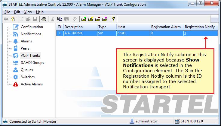8 When you re finished assigning alarms to the VOIP trunk, click OK to save and re-display the VOIP Trunks opening screen, where the VOIP Trunk with assigned alarm is now listed.