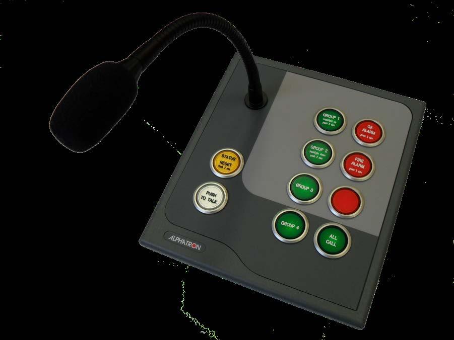 AlphaAnnounce Control Panel Panel with dimmable illuminated keys, gooseneck microphone, 4 alarm buttons, 4 zone selection buttons, error status