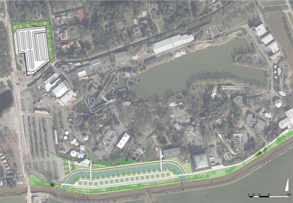 5.2 Design proposal The design consists of: - Lay a 10m buffer strip between parking and river (loss of 50 parking places) - Digging of a new meander: 4,50m bottom width (loss of 164 parking places)