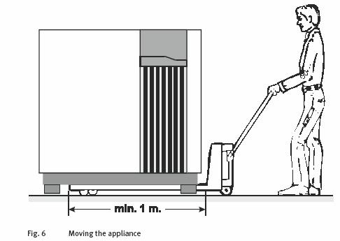 Moving the appliance A pallet truck or fork lift truck with a minimum fork length of 1 m can be used at the side of