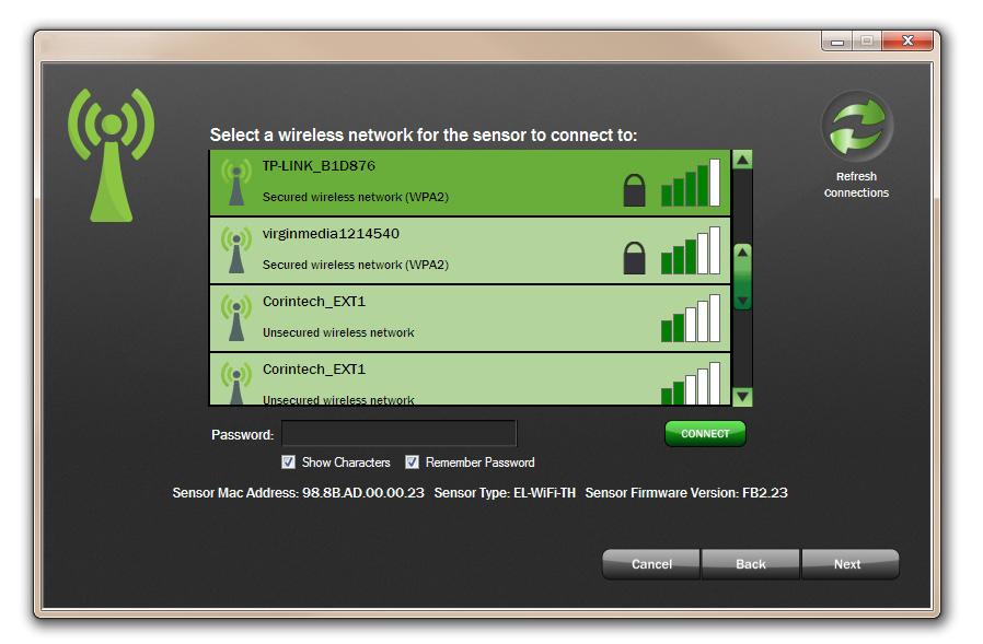 Section. Sensor Set-Up (Configuring Network) Note: If the sensor connects successfully you will see the following screen. If it fails, check the cable is fully connected to the sensor and PC.