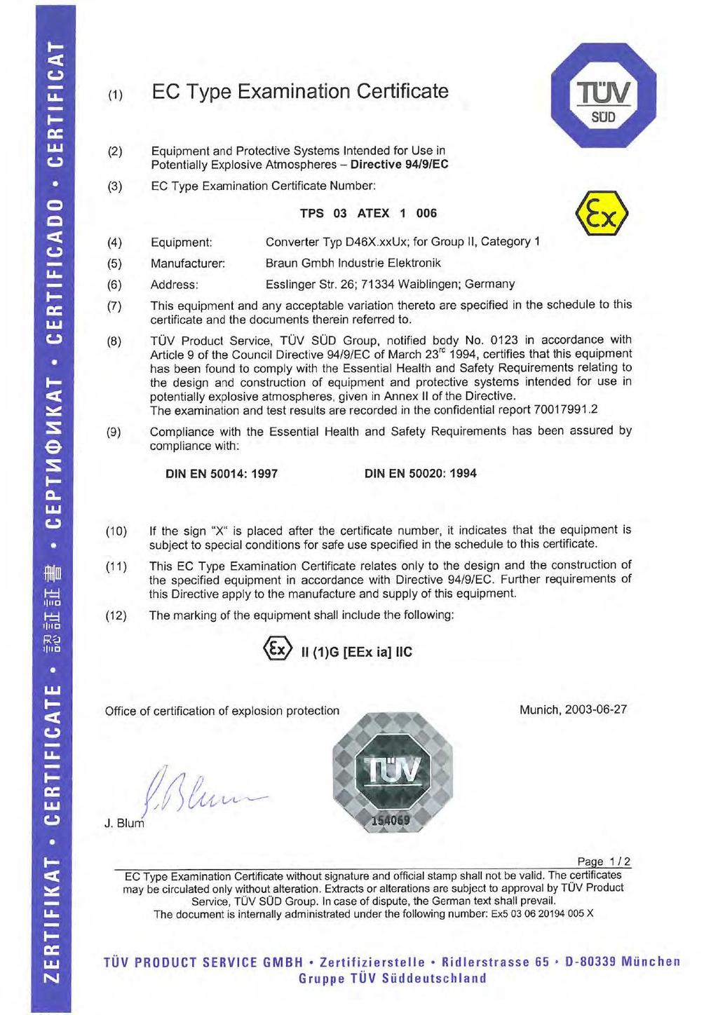 1.7.4 ATEX EC-Type Examination Certificate Figure 1: ATEX EC-Type