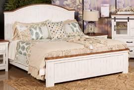 and veneers Distressed vintage painted white finish with aged natural pine color tops Sturdy post and arch bed design has planked panels Drawers have metal center