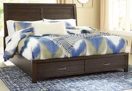B574 Darbry (Signature Design) Casual contemporary group made with hardwood solids and Mindi veneers in a burnished brown oak color finish Bed offers two drawers of storage in the footboard Night
