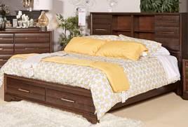 coffee brown finish Bed has bookcase headboard with two sliding doors and footboard storage Night stand includes pull-out tray Metal bar pulls are finished in a satin