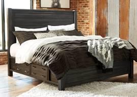 B741 Baylow (Ashley Millennium HS Exclusive) Urbanology bedroom made with acacia veneers and solids in a distressed black vintage washed finish with saw kerf detailing Casual