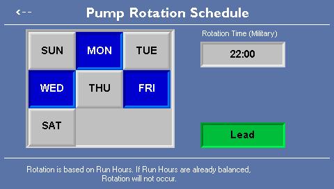 The second is to sync the time across all networked controllers. Pump Rotation Schedule The Pump Rotation Schedule screen allows the operator to set the pump rotation.