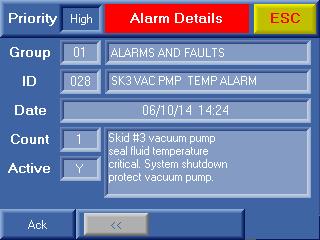 The magnifying glass symbol on an alarm banner will open the Alarm Details screen, which provides details for an individual alarm.