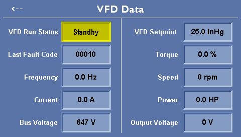 VFD Data (if equipped) In systems that include a Variable Frequency Drive, the VFD Data screen is available. The VFD data screen shows various parameters gathered from the Drive.