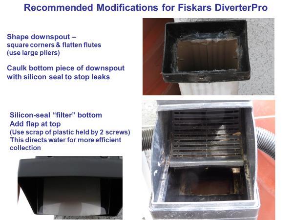 (16) Author recommends Fiskars DiverterPro (with modifications) or Oatley Mystic Rainwater Harvesting System. Most downspouts have angled corners and flutes on sides.