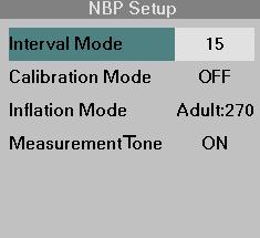 NBP MEASUREMENTS STEPS: Taking NBP Interval Measurements 1. Press and hold the NBP Start/Stop key, or 1. Click on the NBP parameter box. 2. Click on Interval Mode. 3.