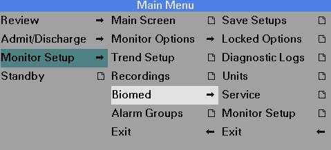 C DEFAULT SETTINGS AND BIOMEDICAL SUPPORT Biomed Menu The Biomed menu gives you access to basic setup and maintenance tasks. The Biomed and the Service menus are password-protected.