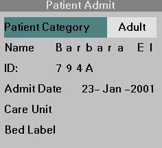 4 ADMISSION/DISCHARGE/TRANSFER Patient Category NOTE: The currently selected patient category is indicated between the first and second waveform channels next to the parameter boxes.