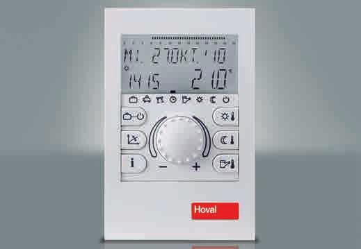 The LCD display provides information on operating data, while a single rotary pushbutton and seven keys are used to activate heating programs and settings.