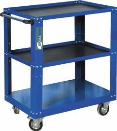 Two fixed wheels, two swivel wheels, one of which is equipped with a brake. A handle is installed on one of the body frame sides to facilitate tool cart moving.