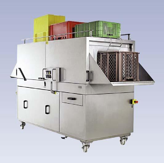 The containers are automatically transported trough the washing tunnel with a double chain conveyor system; the speed of which can be set on the