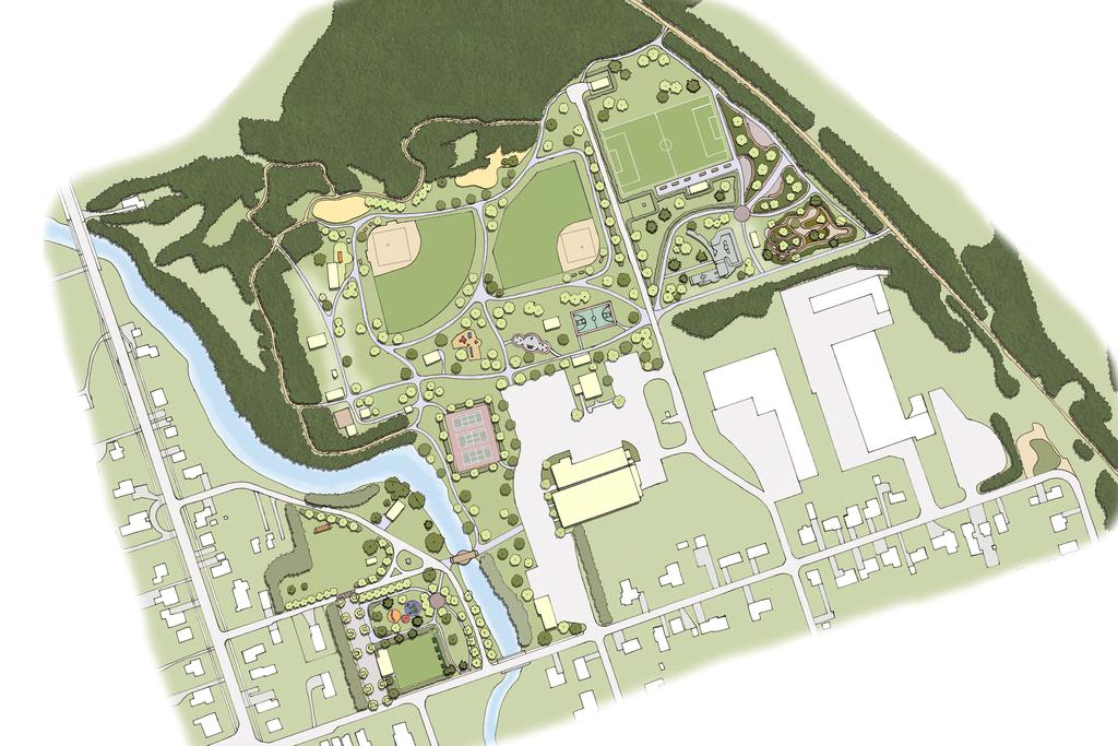 Baseballl Diamonds revitalized; second field repositioned for park space maximization Beaver River Trail Proposed Multi - Use Playing Field New Pathways establish bter connections throughout the park