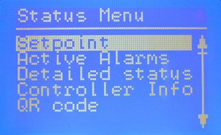 Status menu ( Open menu ) Options Setpoint Liquid level setpoint 0 100% Active alarms Example of alarm content. The list will be empty in normal operation as no alarm is active.