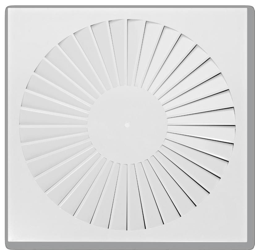 Variants -Q -R -Q-*-H Variant Ceiling swirl diffuser with square diffuser face With plenum box for horizontal duct connection Nominal sizes 300, 400, 500, 600, 625 Parts and characteristics Square