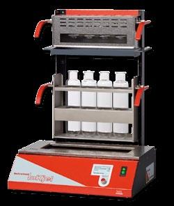 10 minutes Uniform heating of all sample slots Energy savings compared to aluminium block Complete system with tiered rack, fume removal unit, insert rack and glass digestion tubes.