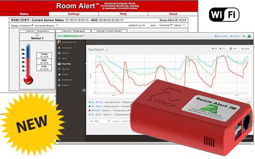 Room Alert 3W Wifi 110.00 Room Alert 3E is the most popular temperature and environment monitor worldwide. Now that same model is available with Wi-Fi for anyone to use.