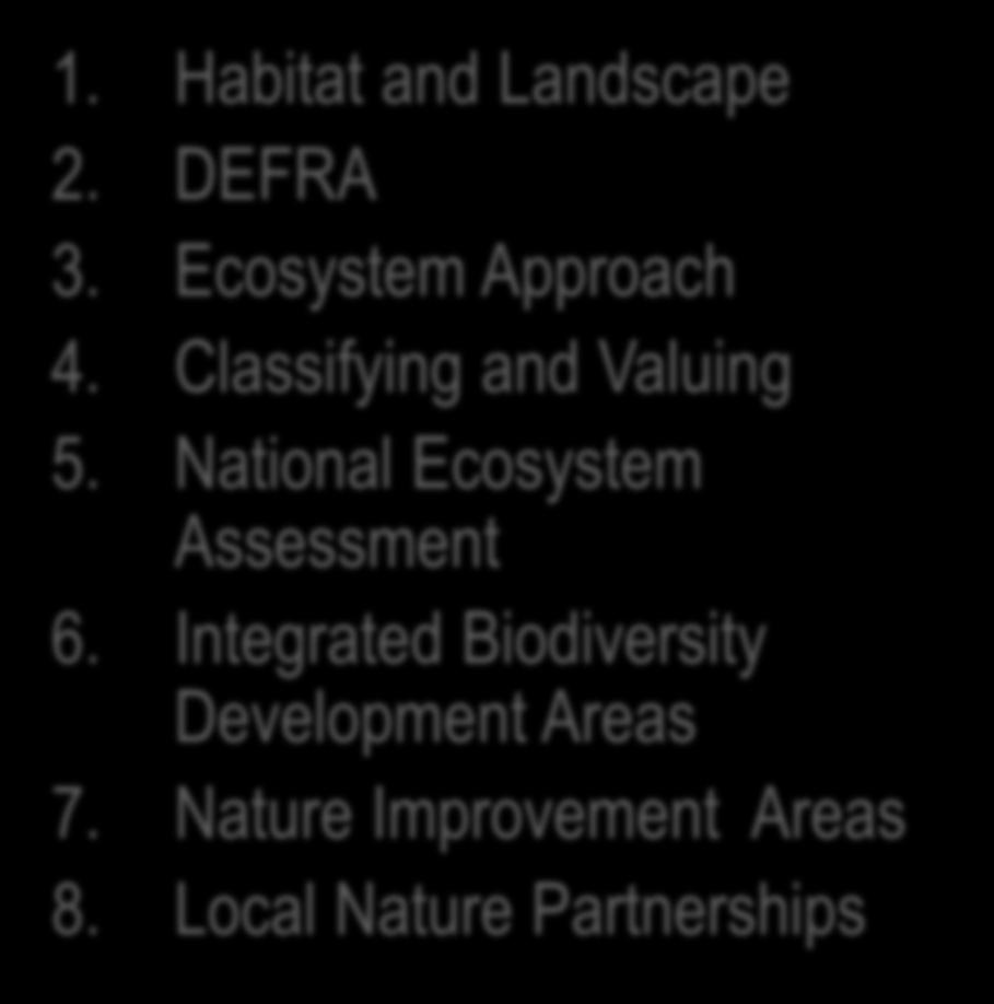 Government Policy Natural Environment lens 1. Habitat and Landscape 2. DEFRA 3. Ecosystem Approach 4.