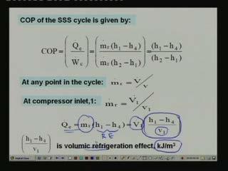 (Refer Slide Time: 00:43:41 min) Now what we do is we write the refrigeration capacity which is equal to mass flow rate into h one minus h four which is nothing but your refrigeration effect right.
