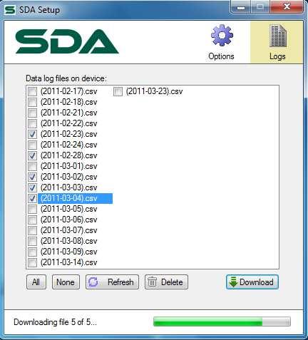 Figure 36 - Downloading data logs from an SDA Although the internal data-logging operates a rolling log with automatic cleanup of older data, the data-logs on the device can be managed manually using