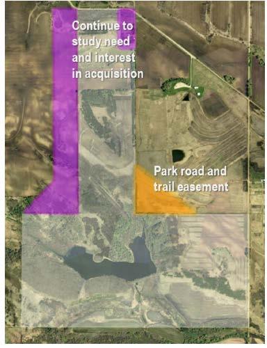 The master plan also identifies two areas for park expansion to be studied further: 1) A 500 foot wide strip of land on the west side of the park to provide buffer to the mining area and more space